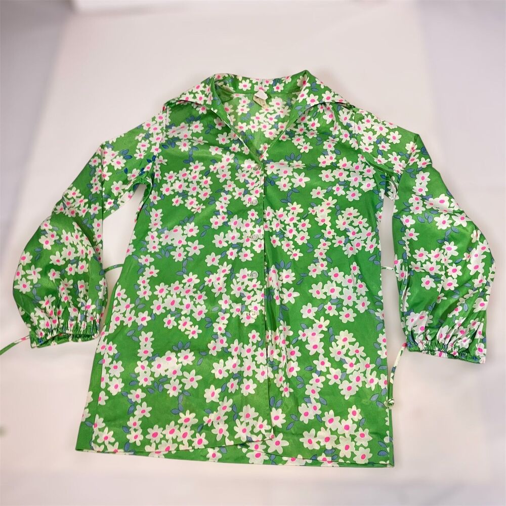 Vintage 1960s Collared Top Floral Polyester Button Front 1970s Hippy Mod Disco